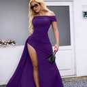 LAGSHIAN Women's Elegant Bodycon Off Shoulder Sleeveless High Split Ruched Long Formal Evening Dress (Purple, S)