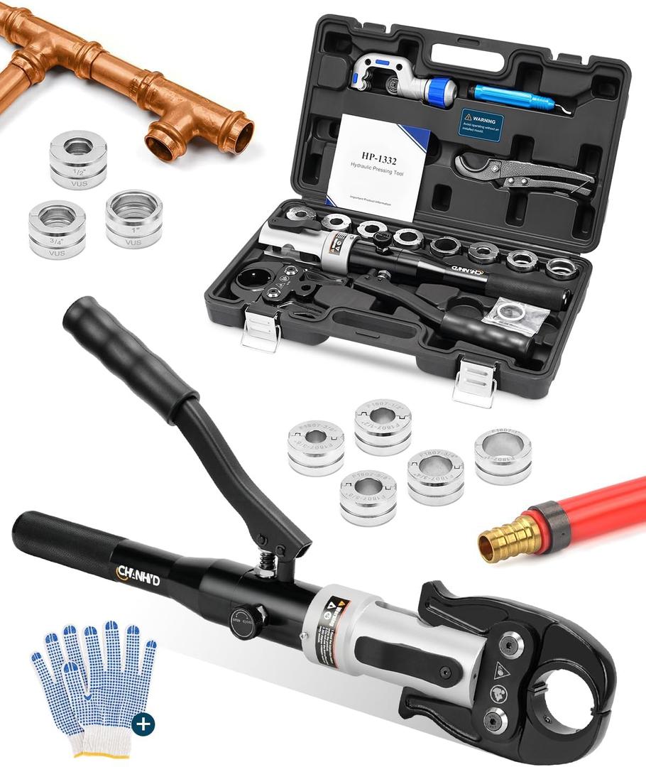 Hydraulic Pipe Crimping Tool Copper Tube Fittings with 1/2", 3/4", 1" Dies for Viega Pro-Press Elkhart Conex Includes 3/8", 1/2", 5/8", 3/4", 1" Dies for ASTM F1807 PEX Pipe Rings