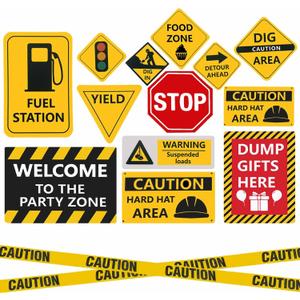13 pcs construction Birthday Party supplies, construction party decorations for boys kid birthday party Baby Shower11.8 inch construction theme party wall decor signs with Yellow Caution Tape