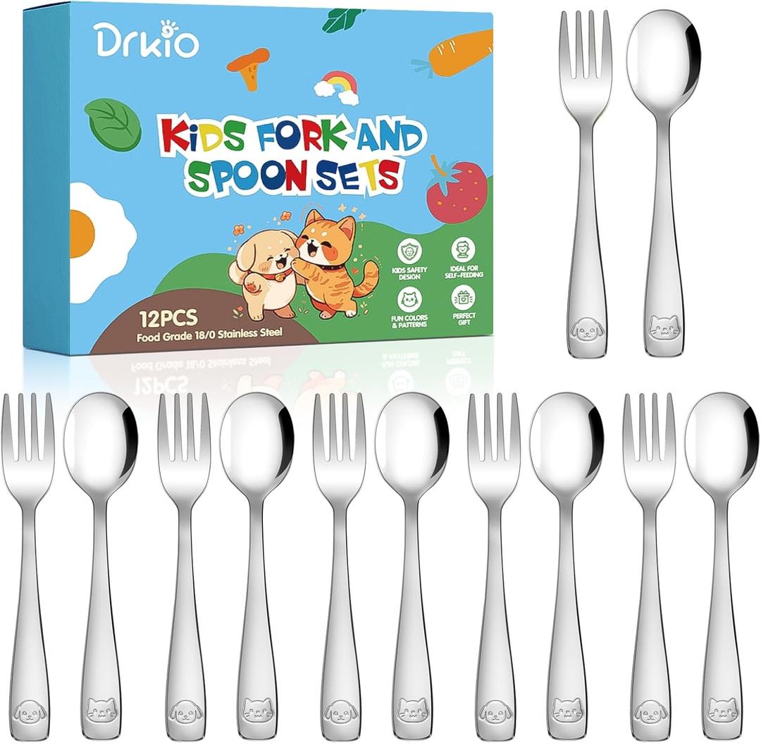 DRKIO Stainless Steel Toddler Utensils Set - 12 Pieces Kids Silverware Set Children Safe Food Grade Small Forks and Spoons Dishwasher Safe Mirror Polished