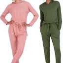 Real Essentials 2 Pack: Women's Soft Long Sleeve Sleep Set - Comfortable Lounge Pull Over Hoodie and Henley Jogger, L