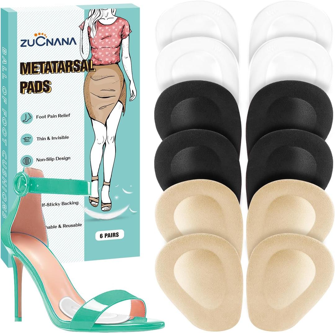 Metatarsal Pads for Women (12 Pieces), Ball of Foot Cushions for Women High Heels, Soft Gel Shoe Inserts for Foot Pain Relief, Anti-Slip One Size Fits Any (Beige + Black + Clear)