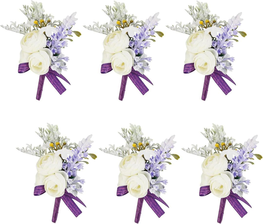 Purple Boutonniere for Men, Set of 6, Groom and Best Man Boutonniere with Artificial Flower Lavender for Wedding Ceremony Anniversary, Formal Dinner Party, Fall Vintage Rustic Wedding Prom