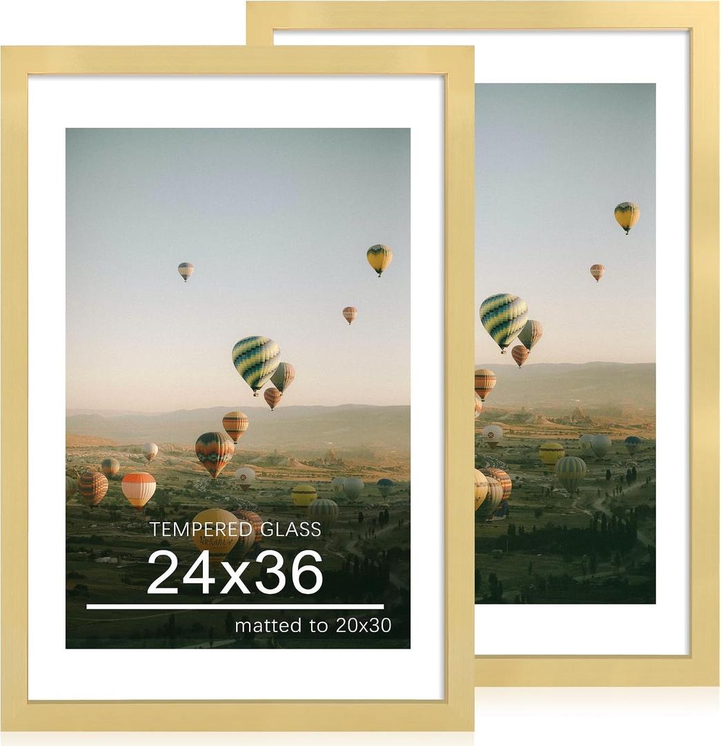 24x36 Poster Frame Set of 2, 24 x 36 Wood Picture Frames with Mat for 20x30, Wooden Photo Frame with Tempered Glass Cover for Wall Mounting Display, Gold, 24x36 - 2 Pack