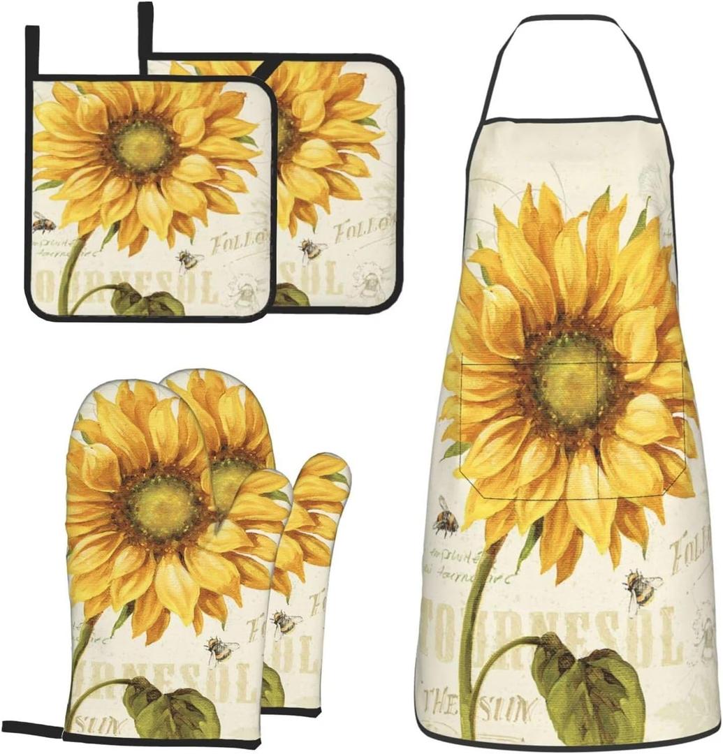 Sunflowers Oven Mitts and Pot Holders Sets with Apron 5Pcs Heat Resistant Vintage Sunflower Bee Kitchen Mitten Gloves and Non-Slip Potholders Apron Sets Oven Gloves Hot Holders for Baking