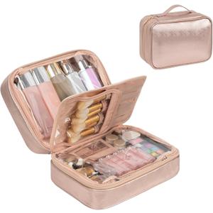 OCHEAL Makeup Bag, Makeup Travel Bag Large Capacity Cosmetic Organizer with Makeup Brush Compartment & Handle for Women Girls Travel Toiletry Accessories-Rose Gold
