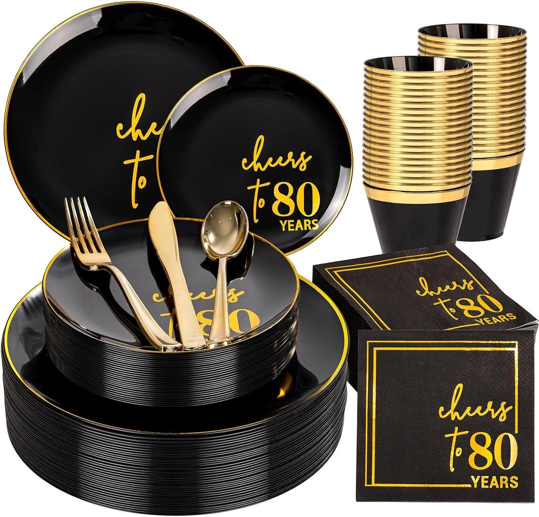 U-QE 20 Guests Black Plastic Birthday Plates - Include 80th Birthday Plates and Napkins, Gold Silverware, Gold Plastic Cups - Back in 1945 Party Plates for Men Women Cheers to 80 Years