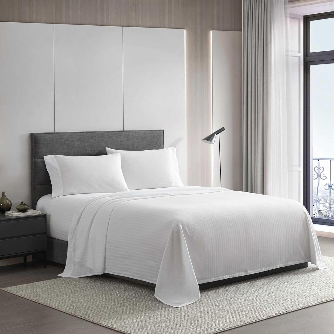 Vera Wang - King Size Sheets Set, Smooth & Crisp Cotton w/Textured Weave, Lightweight for Year Round Comfort- Bed Sheets with Matching Pillowcases & Fitted Sheet (Dobby Stripe White)