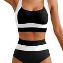 Herseas Women 2 Piece High Waisted Bikini Sets Colorblock Sporty Swimsuits Wide Straps Bathing Suit 2026 Summer Swimwear (Small, Black)