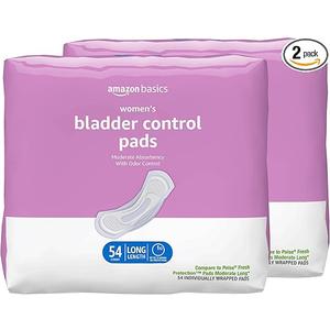 Amazon Basics Incontinence Pads for Women Long, Bladder Control, Postpartum, Moderate Absorbency, Unscented, 108 Count (2 Packs of 54)