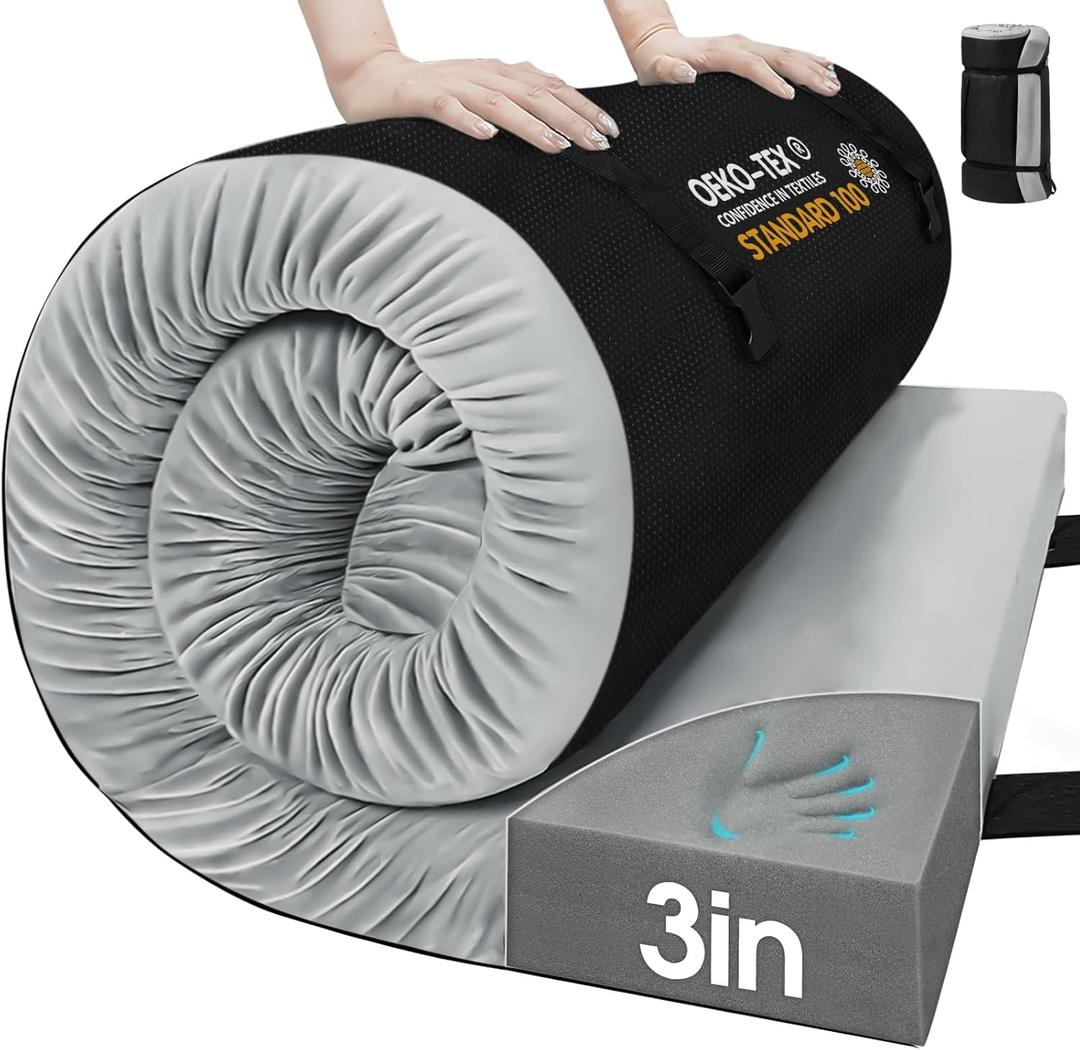 CYMULA Memory Foam Camping Mattress Pad,3inch Sleeping Pad for Camping,Non-Slip Bottom Floor Cot Car Mattress Bed with Retaining Portable Roll up Mattress Pad Mat for Travel Truck Guest Bed Tent (GREY)