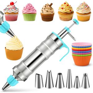 Novano Dessert Decorating Syringe Set, Frosting Piping Kit Stainless Steels Cake Decorating Kit with 6 Piping Tips & 9 silicone cupcakes, Cupcake Decorating Kit Piping Bags and Tips Set (Blue)