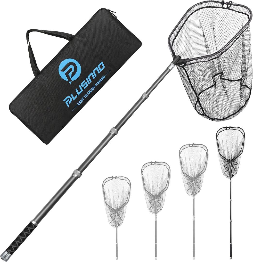 PLUSINNO Large Fishing Net, 3.4-7.7 FT Carbon Fiber Fish Net with Long Telescoping Handle, Kayak Fishing Gear Accessories Foldable Landing Net for Bass, Trout, Catfish, Fishing Gifts for Men Father, 7.7 FT Full Length
