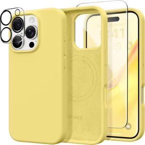 GONEZ Magnetic for iPhone 16 Pro Case, Compatible with MagSafe, [Screen Protector + Camera Lens Protector], Silicone Shockproof Anti-Scratch Protective Phone Case 6.3 inch, Yellow