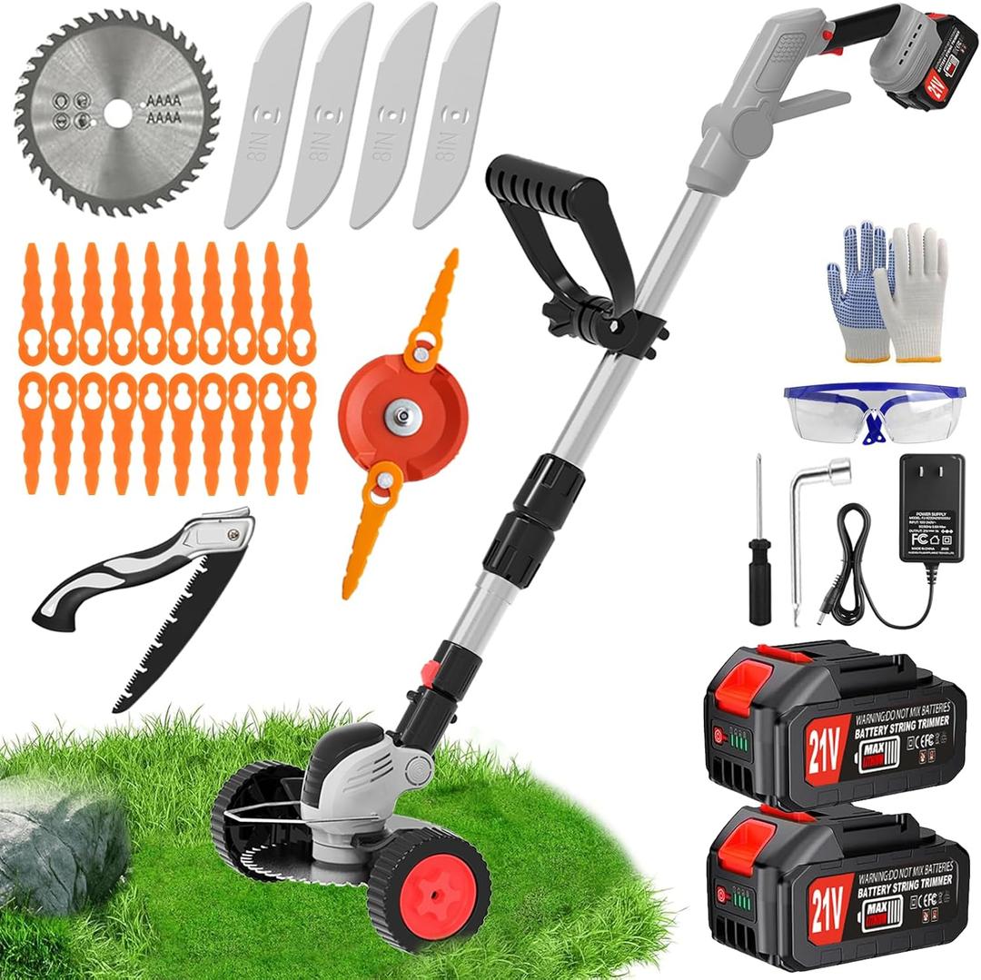 Electric Cordless Weed Wacker Battery Powered Eater,21V/4.0Ah Lightweight No-String Weed Trimmer with 2 Battery Operated& Wheels,3 in 1 Stringless Grass Trimmer/Edger/Brush Cutter for Garden Yard Lawn