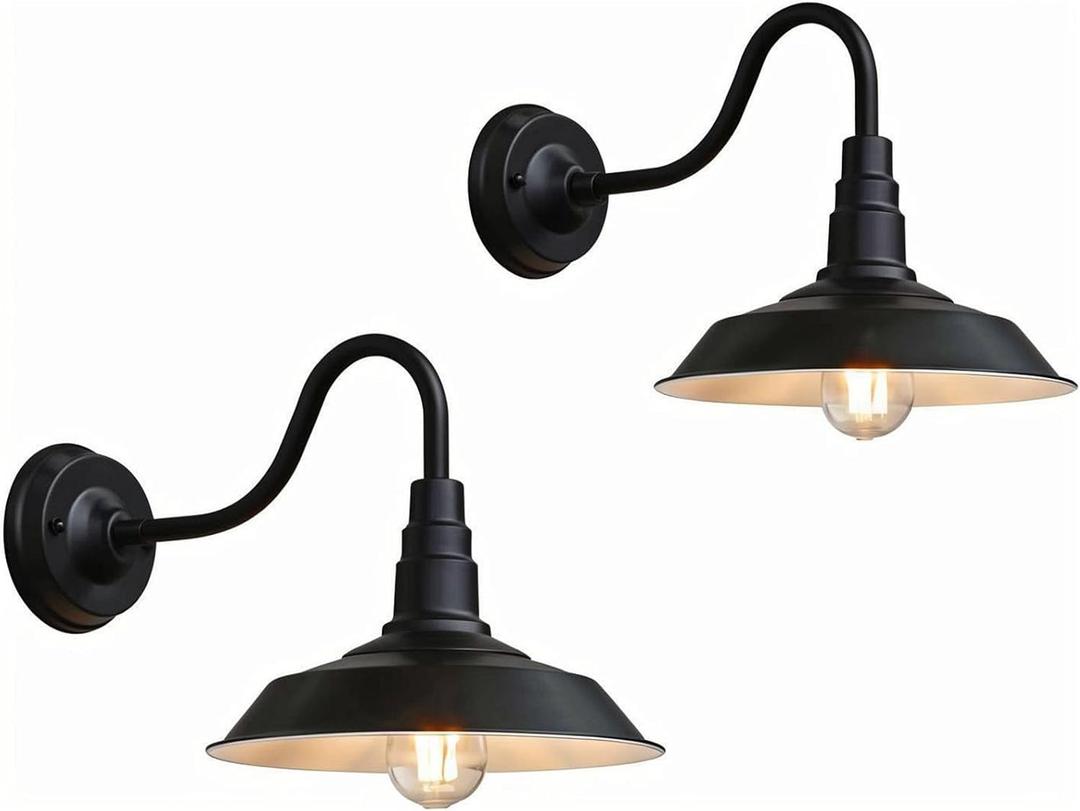 2 Pack Barn Lights Outdoor 10 Inch Vintage Wall Sconce Anti-Rust Waterproof Exterior Wall Mount Lights Farmhouse Rustic Black Gooseneck Light Fixture for Porch Entryway (Bulb not Included, 60W max)