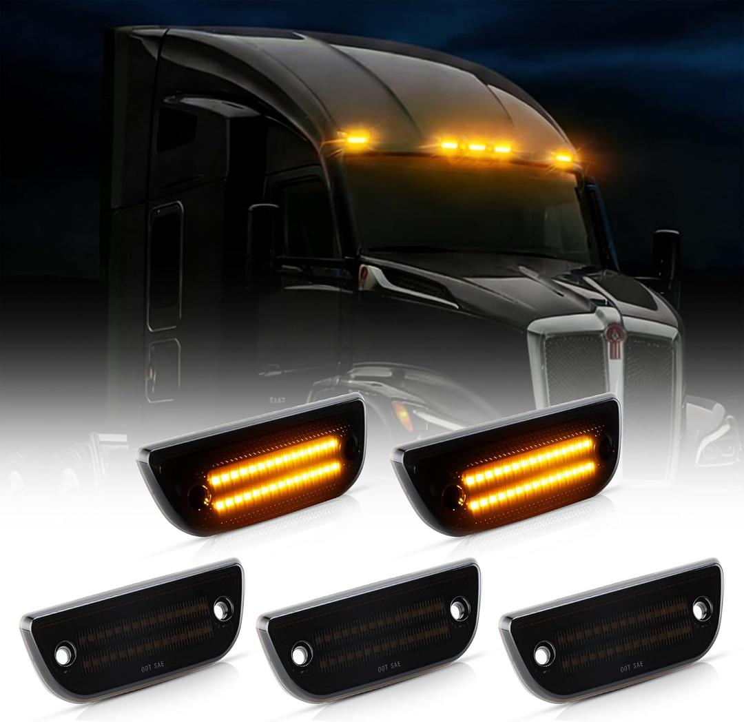 D-Lumina 5PCS LED Cab Roof Marker Lights Cab Roof Top Running Light for Kenworth T680 T770 T880 & Peterbilt 579 Heavy Trucks, Smoked Lens Amber LED Cab Lights Cab Marker Top Cab Clearance Lights