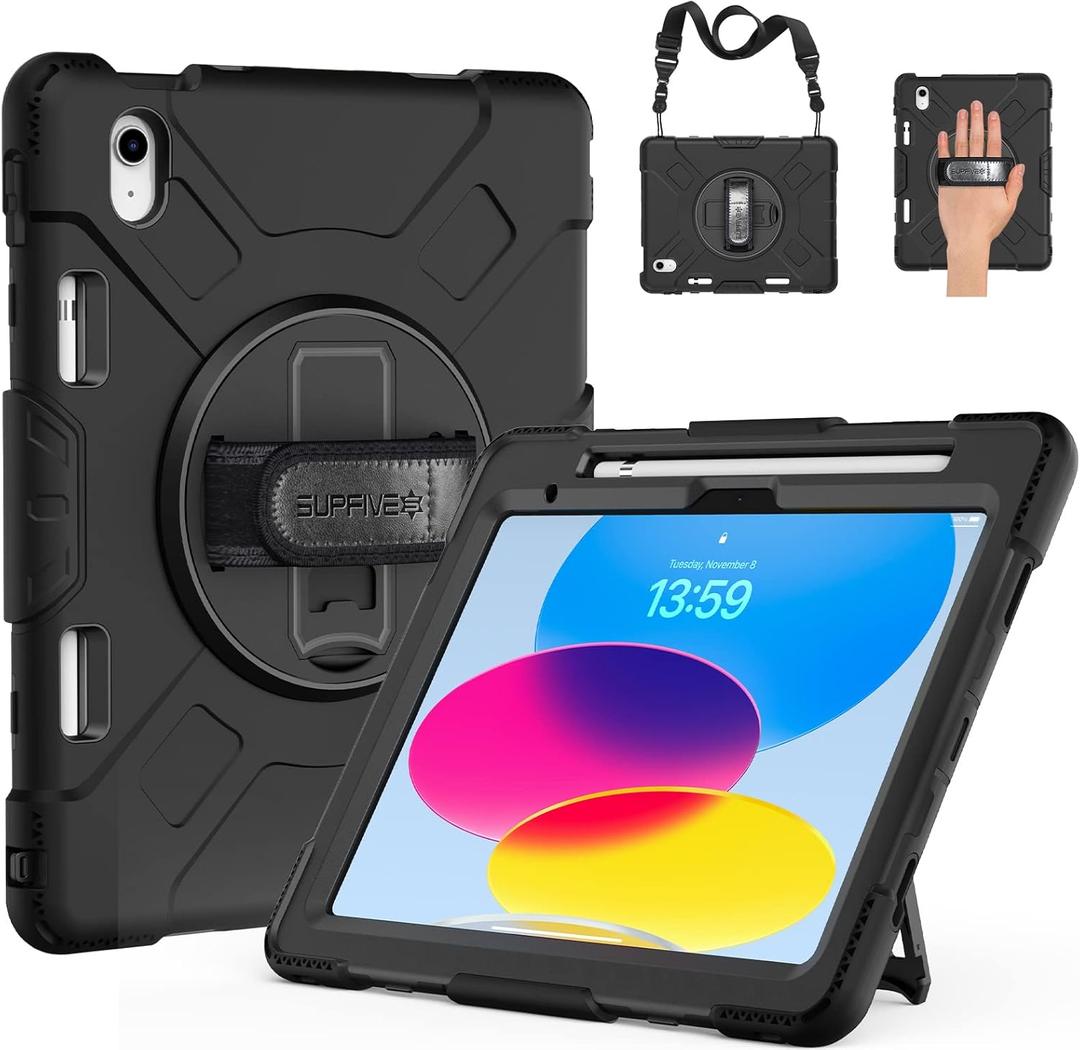 SUPFIVES Case for iPad (A16) 11th/10th Generation 2022/2025, Full-Body Drop Protection Cover for iPad 10th Gen 10.9/11 inch with Screen Protector, 360 Rotate Stand, Shoulder Strap, Pencil Holder (Black)