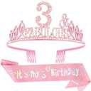 Hapdoo 3rd Birthday Decorations for Girls Set - Happy 3rd Birthday Princess Crown and Glitter Sash, 3 Year Old Girl Tiara Party Decorations Supplies Outfit Accessory Gifts