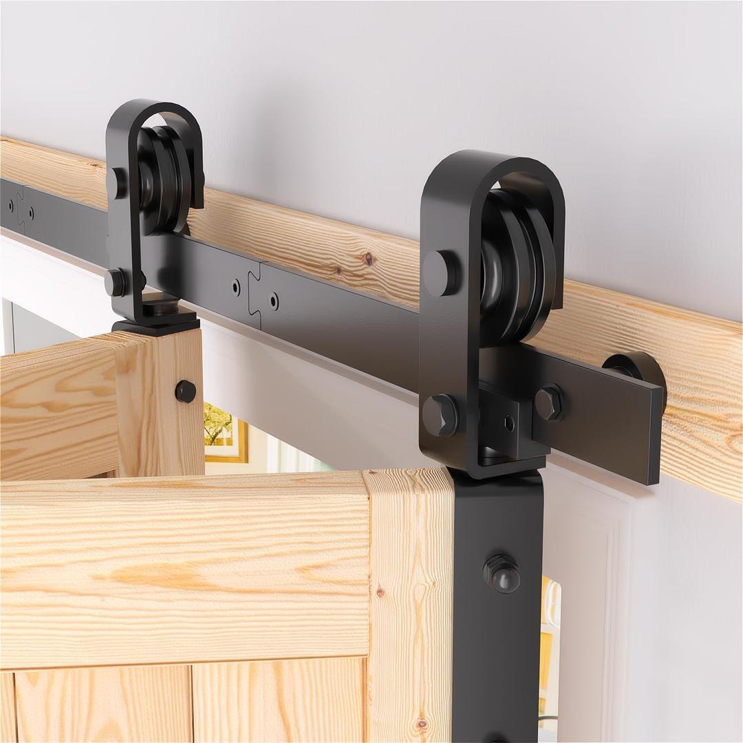 Bi-Folding Sliding Barn Door Hardware Kit for 2 Doors, Modular Track System with Side-Mounted Rollers, Smooth and Space-Saving Folding Solution
