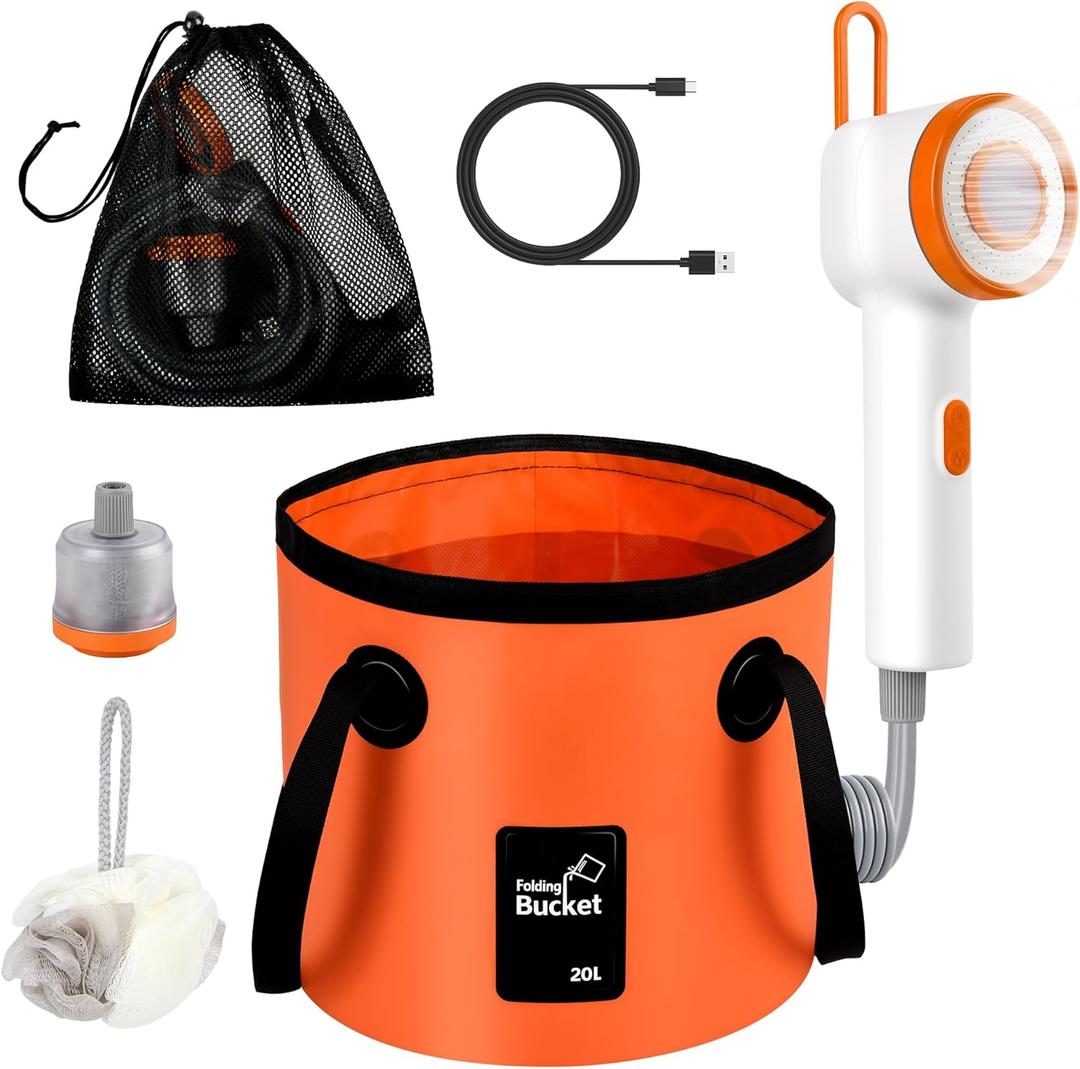 Portable Camping Shower Kit with Activated Carbon Water Filtration -Rechargeable Pump, Digital Display, LED Light, 5-Gallon Foldable Bucket for Outdoor Camping, Hiking, Pet Bath & Car Wash