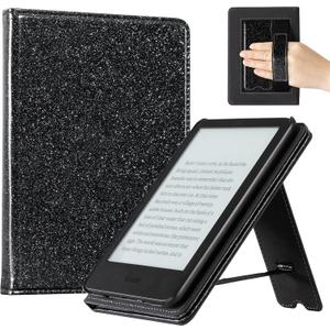 CoBak Case for 6" E-Reader - PU Leather Smart Cover with Auto Sleep/Wake & Hand Strap, not Compatible with Kobo Clara, Black Glitter