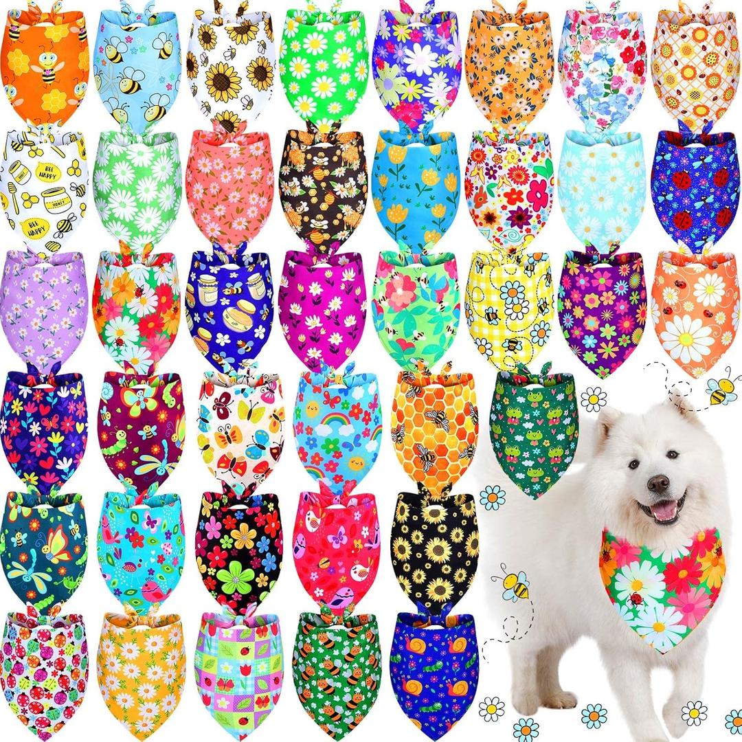 Sadnyy 40 Pcs Summer Spring Dog Bandanas Bulk Flower Hawaiian Triangle Reversible Bandanas for Large Dog Adjustable Pet Kerchief Scarf Washable Cat Scarf for Summer Holiday Pets (XL)