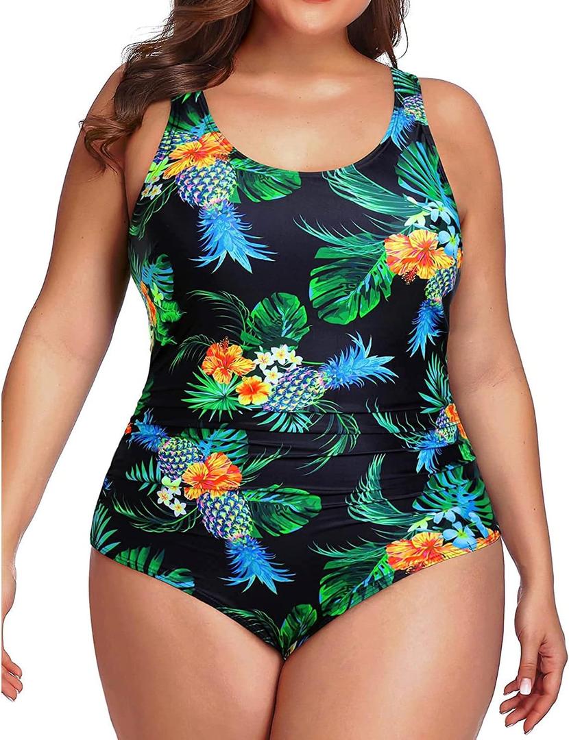 Daci Women Plus Size One Piece Swimsuit Athletic Tummy Control Ruched Bathing Suit with U-Back (XX-Large, Black Pineapple) Daci Women Plus Size One Piece Swimsuit Athletic Tummy Control Ruched Bathing Suit with U-Back (XX-Large, Black Pineapple)