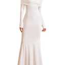 KUTUMAI Elegant Off Shoulder Long Sleeve Maxi Dresses for Women Fall Bodycon Fishtail Formal Wedding Guest Dress White, Size S