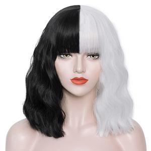 Mersi Black White Wig Short Wavy Bob Wigs for Costume Women Natural Cute Soft Wig with Wig Caps S046BW1 (13 Inch (Pack of 1))