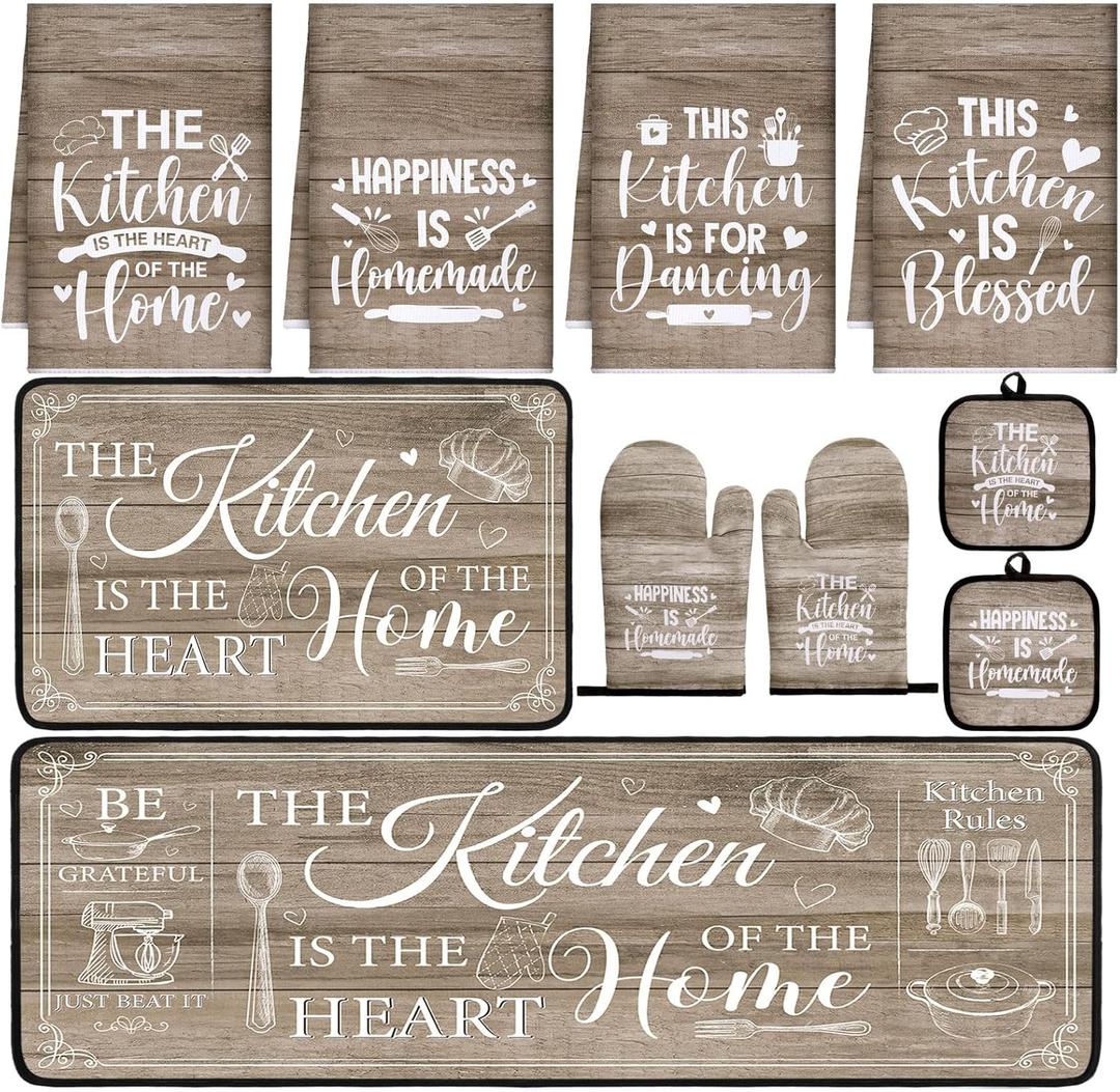 10 Pcs Farmhouse Kitchen Decor and Accessories Set 4 Kitchen Towels 2 Pot Holders 2 Oven Mitts 2 Rugs for Cooking Baking Mom Housewarming Gifts(Brown,Classic Style)