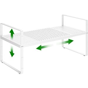 Expandable Kitchen Cabinet Shelf Organizer Rack Heavy Duty Metal Spice Rack Stackable Kitchen Counter Storage Shelf for Cabinet Pantry Bathroom (White- 16.5"-27" L x 8" W x 9.6" H - 1Pack)