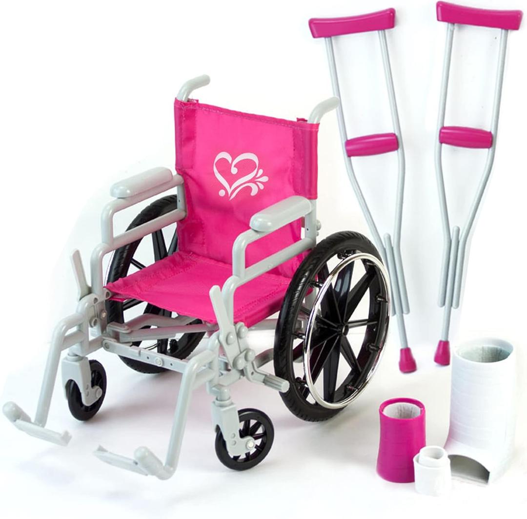 Sophia's 5-Piece Wheelchair, Cast, and Crutches 5 Piece Set for 18" Dolls, Hot Pink