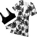 AIDEAONE 5-16T Girls Bathing Suit 3 Piece Swimsuit Drawstring Quick Dry Tankini with Cover Ups (11-12 Years, Black Palm Tree)