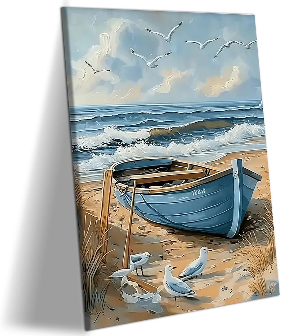 RJETZMU Coastal Boat Beach Canvas Wall Art, Gallery Wrapped Print, 16x24 | Soft Nautical Palette Solid Inner Wood Frame Peaceful Shoreline Scene Clean Frameless Edge Profile