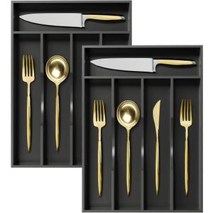 Greenual 2 Pack Black Silverware Organizer 10 In Utensil Organizer Silverware Tray for Drawer Cutlery Flatware Organizer for Kitchen Bamboo Wood