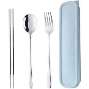 Portable Travel Flatware 3PCS Spoon Fork Chopsticks Set 18/10 Stainless Steel with Case and Bag for School Work Office Lunch (Silver)