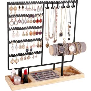 Ciormis 5 Tier Jewelry Holder Organizer, 72 Holes Earring Tree Holder Organizer 12 Hooks Necklace Rack Display Holder with Ring Storage Tray Bracelet Display Holder for Preppy Girl Friend Gift(Black)
