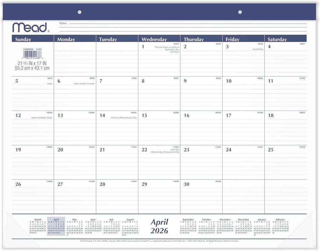 Mead Desk Calendar 2026-2027 Planning Pad, Academic 15-Month April-June, Monthly, 21.75" x 17" Standard, Ruled Daily Block (CAM92020)
