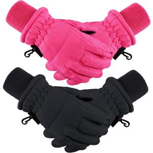 Boao 2 Pairs Kids Winter Ski Gloves Waterproof Warm Snow Mittens Full Finger Gloves for Toddlers Infants (Black, Rose Red, 1-3 Years)