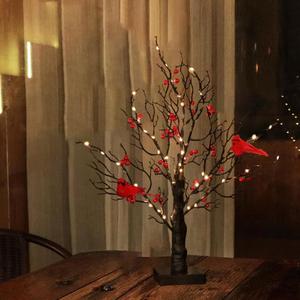 Cardinal Red Berries Tree Table Decoration Light for Tabletop Centerpiece Christmas Decorations, LED Warm Light Up Christmas Tree LED Fairy Spirit Tree Lamp with 3 AA Battery & USB Plug