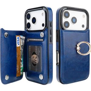 ONETOP for iPhone 17 Pro Wallet Case with Card Holder, 360 Rotation Ring Kickstand RFID Blocking PU Leather Double Magnetic Clasp Shockproof Cover for Women and Girls 6.3 Inch (Blue)