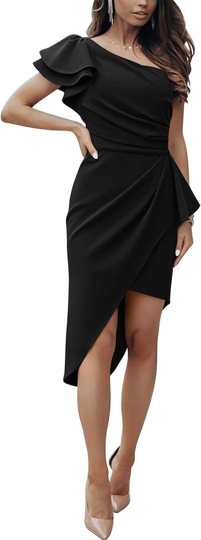 BTFBM One Shoulder Cocktail Dresses for Women 2026 Elegant Summer Ruffle Sleeve Wrap Ruched Formal Wedding Guest Dress M