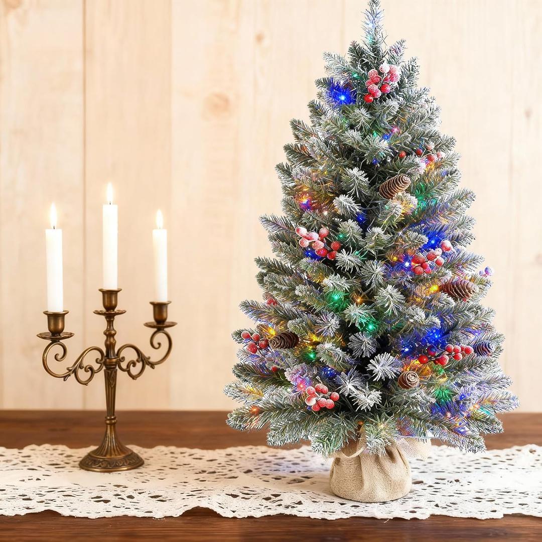 3 Ft Artificial Mini Christmas Tree, Snowy Tabletop Christmas Tree 50 Colorful Lights Timer Battery Operated 110 Branches 12 Pinecones 84 Red Berry Burlap Base Xmas Decor