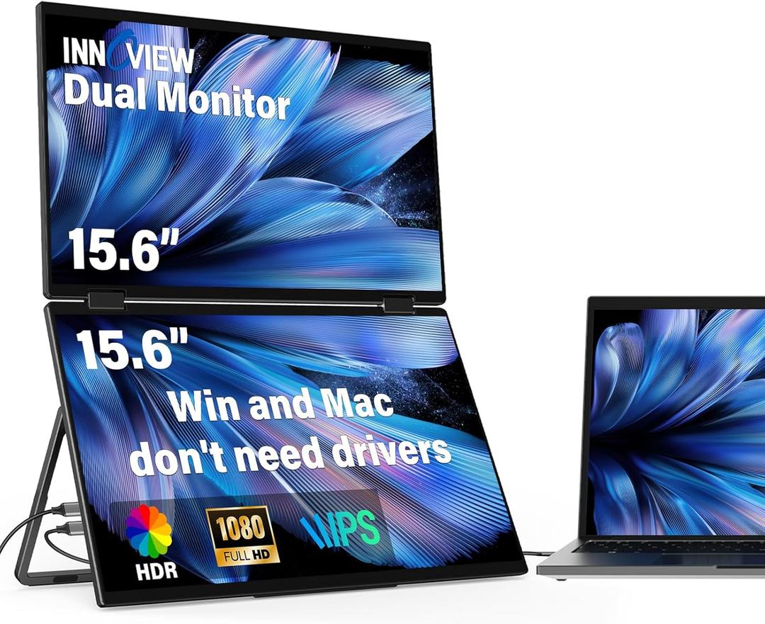 InnoView Laptop Screen Extender 15.6" Dual Portable Monitors 1080P FHD Stacked Folding Triple Monitor HDMI USB-C Portable Dual Monitor for Laptop Windows Mac (No Driver Needed)