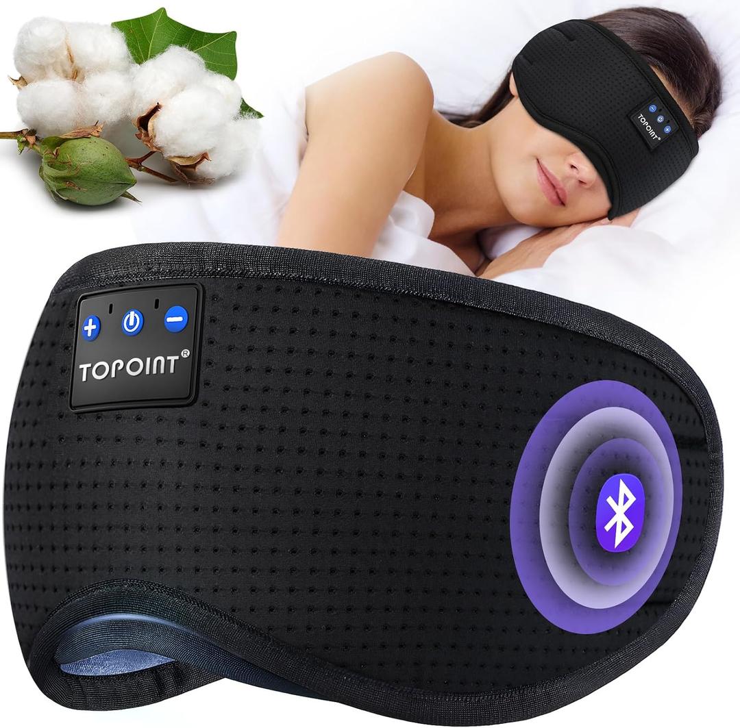 TOPOINT Sleep Mask Headphones Bluetooth Wireless 5.4, Breathable Cotton Eye Mask for Sleeping Side Sleepers Travel Music Headsets with Microphone Handsfree Men Women Breathable, Black