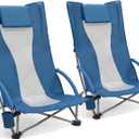 OUTSIDER Low Beach Chair, High Back Folding Camping Chair for Adults, Folding Beach Chair with Breathable Center Mesh Back, 300lbs Heavy Duty Portable Chair with Cup Holder for Beach, Outdoor(Blue 2)