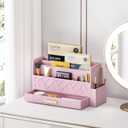 Wisuse Bamboo Desk Mail Organizer with Drawer,Wooden File Bill Sorter Storage Box for Desktop, Letter Countertop Holder for Home,Office,School Organization,Tabletop Accessories Supplies (Pink)