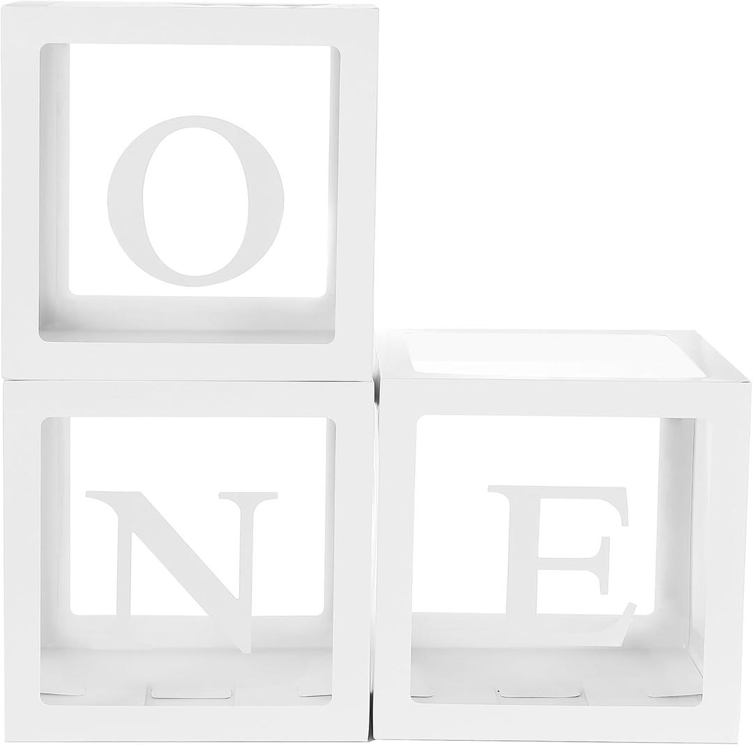 One Boxes for 1st Birthday, 3-Pack Balloon Decorations for Baby Shower with ONE Letters for Boys & Girls 1 Year Old Party Backdrop (White)