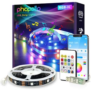 phopollo RGB Smart LED Strip Lights, 16.4ft LED Lights for Bedroom, Bluetooth APP Control, DIY Multiple Colors on One Line, Color Changing LED Strip Lighting Music Sync, USB Powered